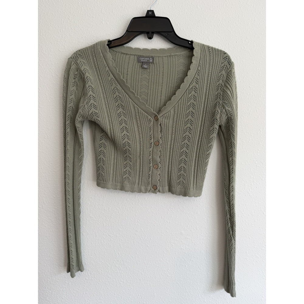 Cupcake Sage Green Pointelle Knit Crop V-Neck Button Up Cardigan Sweater Small